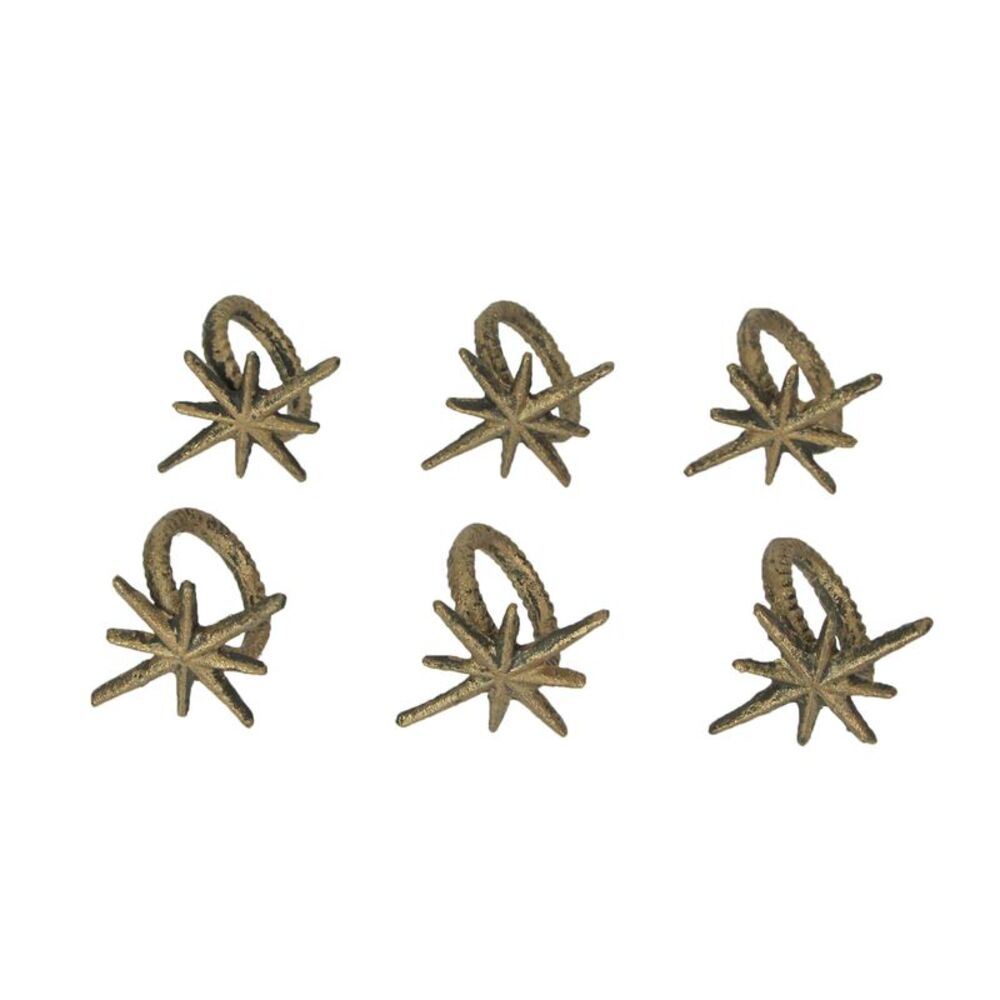Set of 6 Gold Cast Iron Mid Century Modern Starburst Napkin Rings Dining Decor